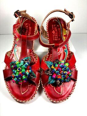 Spring Step L'Artiste Leather Embossed Wedge Sandals EU 37 US 6.5-7 Ankle Strap
